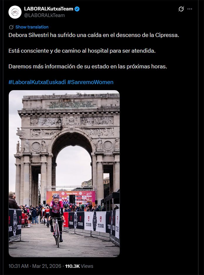 Espeluznante caída de la ciclista Debora Silvestri en la carrera Milán-San Remo: debió ser hospitalizada de urgencia