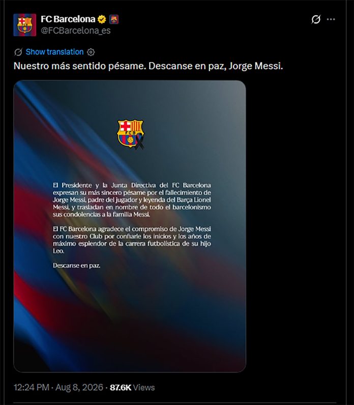 Los mensajes de Barcelona y Real Madrid por la muerte de Jorge Messi