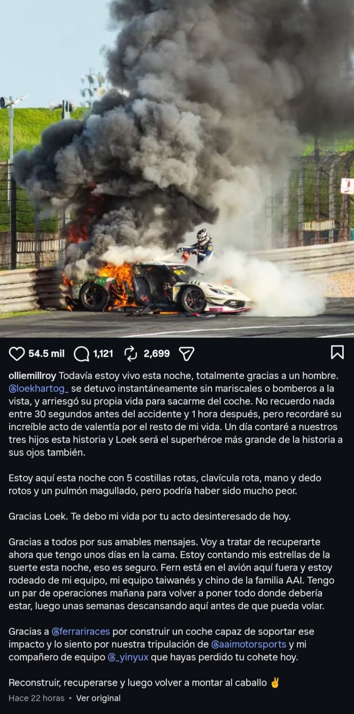 Se metió entre las llamas, apagó el fuego y salvó a un corredor de la muerte: el heroico gesto de un piloto que recorre el mundo
