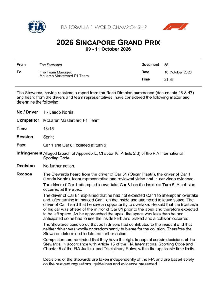 Escandaloso accidente entre los McLaren a metros del final de la Sprint: Lando Norris se tocó con Oscar Piastri y lo dejó fuera de carrera